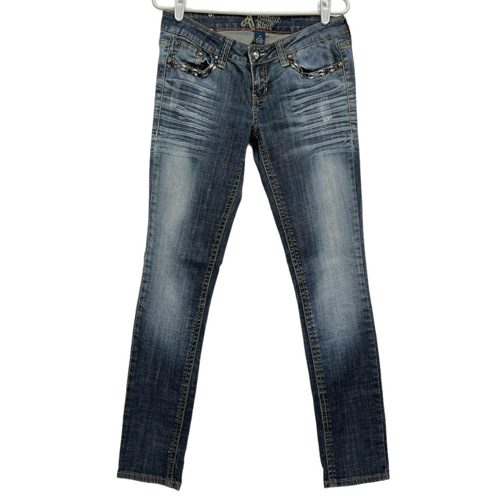 Antique River Women Studded Low Rise Mid Wash Blue Skinny Jeans Size 28  (30x32)
